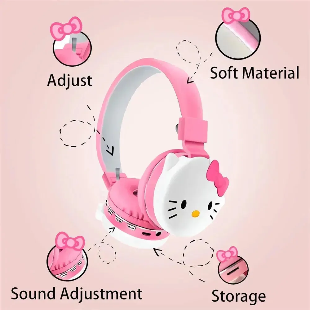 Sanrio Bluetooth Headphone Hello Kitty Wireless Headsets Cartoon Mic Foldable Lightweight Earphone for Phones Laptop Gift Pink