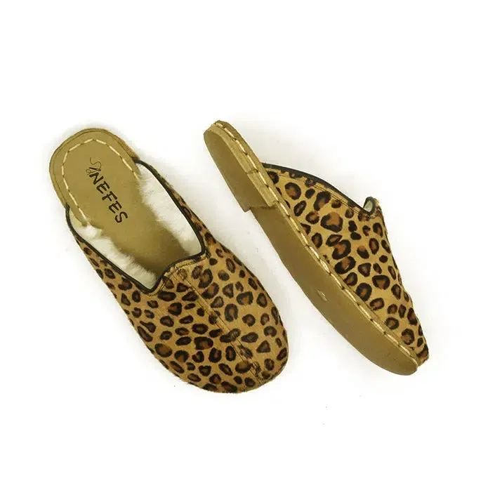 Sheepskin Yellow Leopard Print Women's Slippers