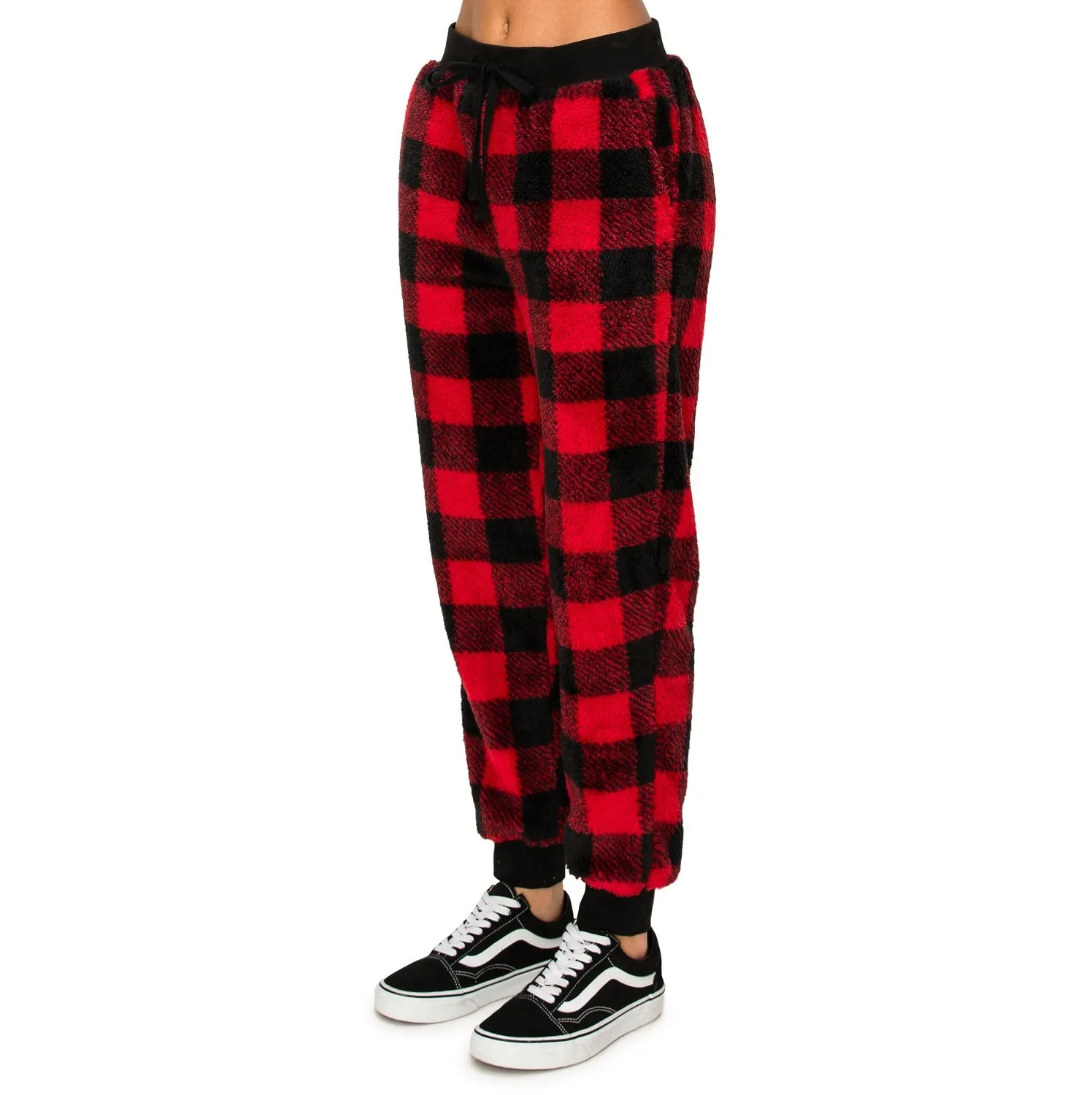 Sherpa Plaid Joggers Sweatpants - Red/Black