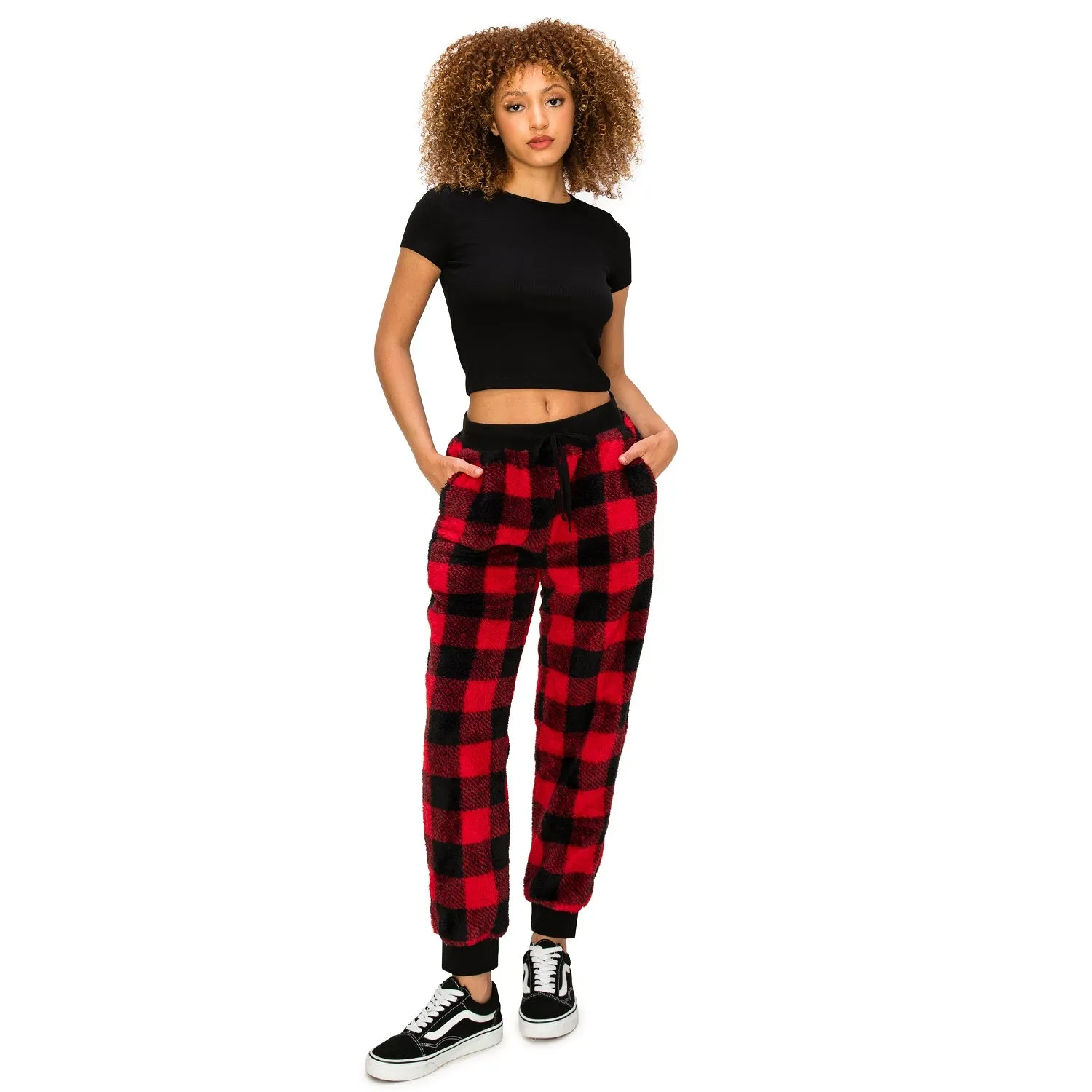 Sherpa Plaid Joggers Sweatpants - Red/Black