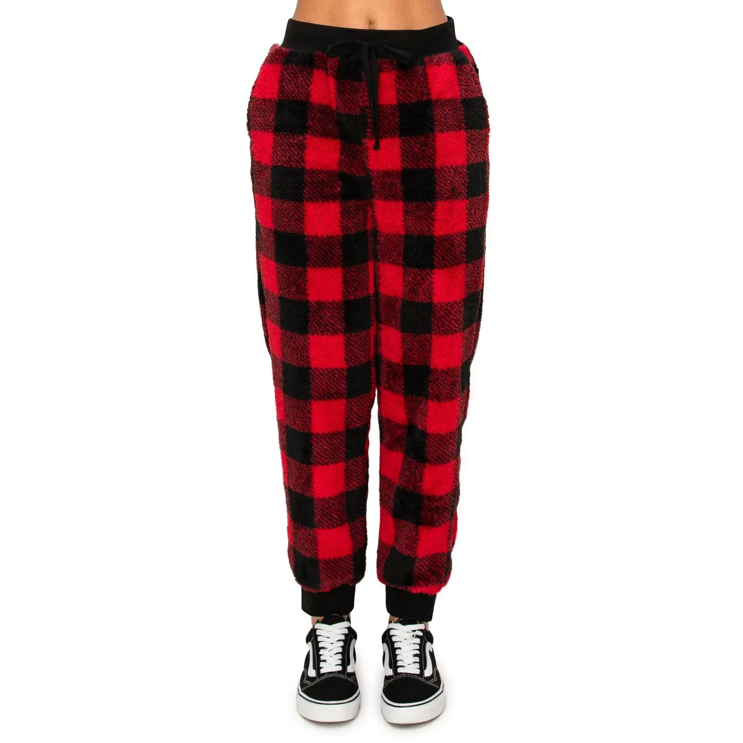 Sherpa Plaid Joggers Sweatpants - Red/Black