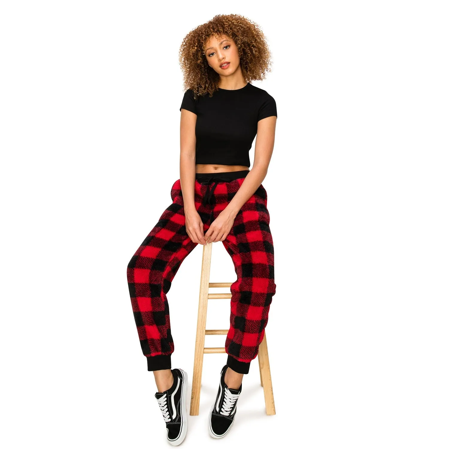 Sherpa Plaid Joggers Sweatpants - Red/Black