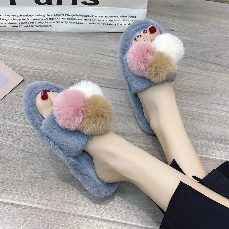 Slippers with Multi Color PomPoms for Women