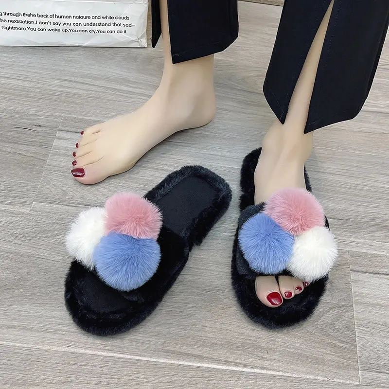 Slippers with Multi Color PomPoms for Women