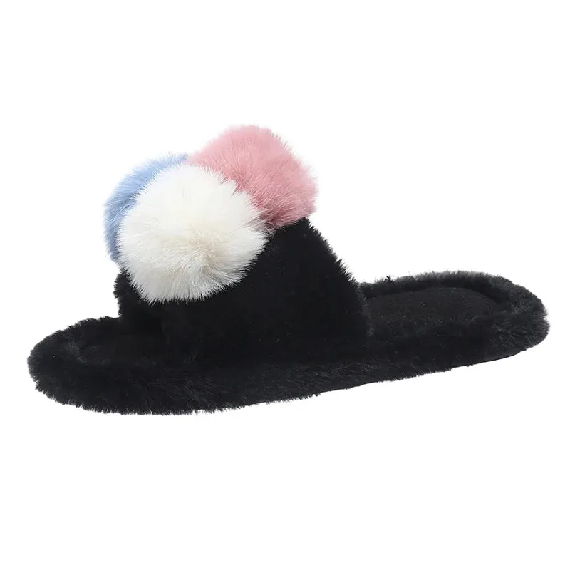 Slippers with Multi Color PomPoms for Women