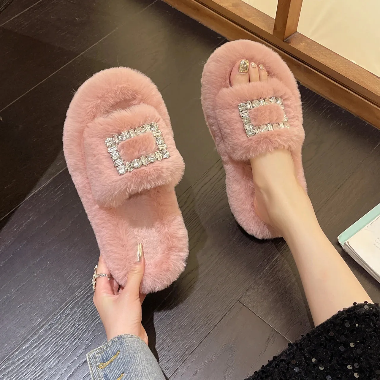 Slippers with Rhinestone Buckle for Women