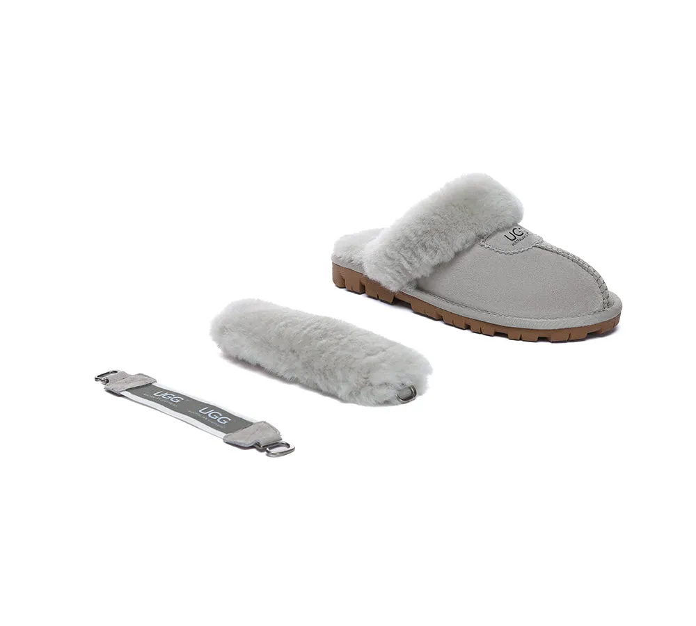 UGG Slippers Women Removable Wool Fluffy Strap Slingback Waffle