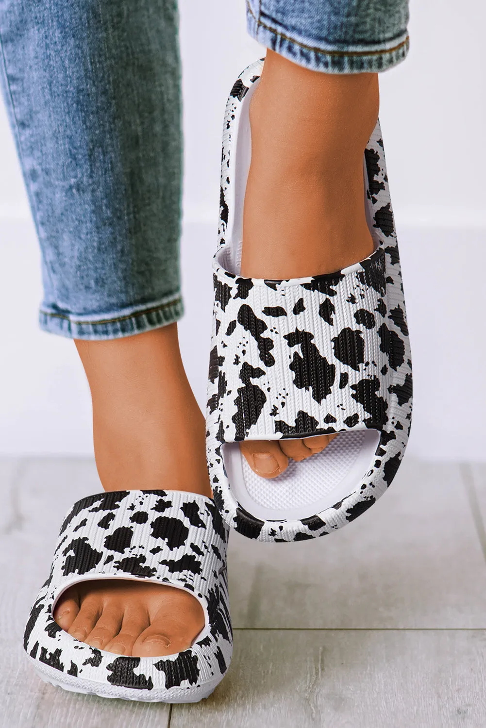 White Animal Spots Printed Open Toe Non Slip Slippers