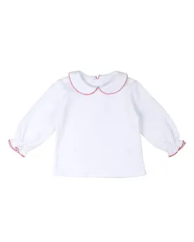 White Knit Blouse with Red Picot Trim