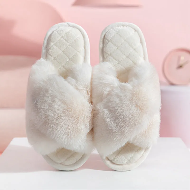 Womens Cross Band Fuzzy Slippers Ladies Comfy Open Toe House Slide Slippers