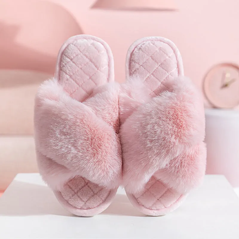 Womens Cross Band Fuzzy Slippers Ladies Comfy Open Toe House Slide Slippers