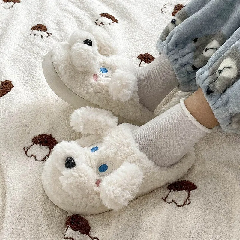 xiangtuibao Cute Dog Furry Slippers Women Winter Warm Plush Memory Foam Slides Fluffy Fur Home Slippers Indoor Animal Shoes