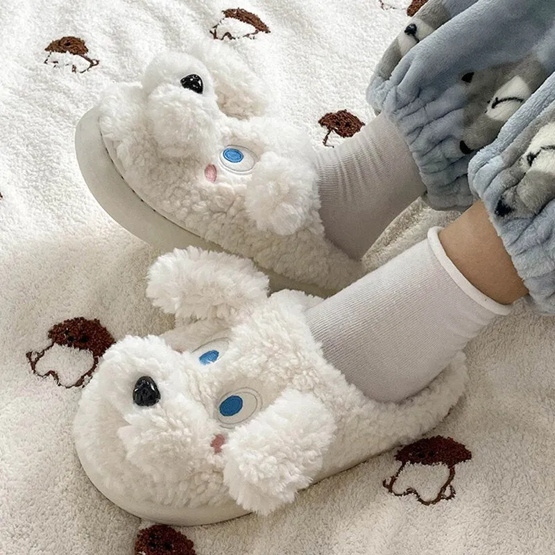 xiangtuibao Cute Dog Furry Slippers Women Winter Warm Plush Memory Foam Slides Fluffy Fur Home Slippers Indoor Animal Shoes