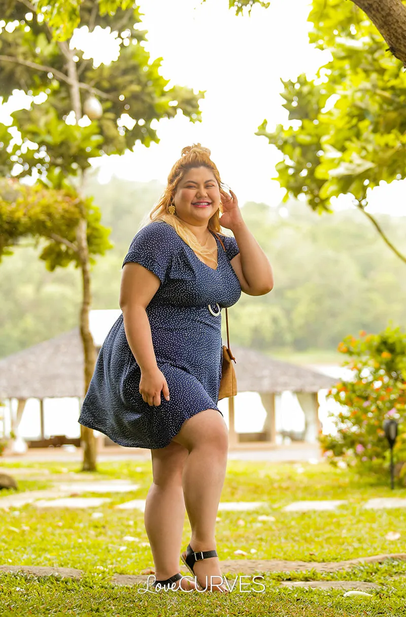 Yoke Dress with Patch Pockets and Belt- Blue Polka