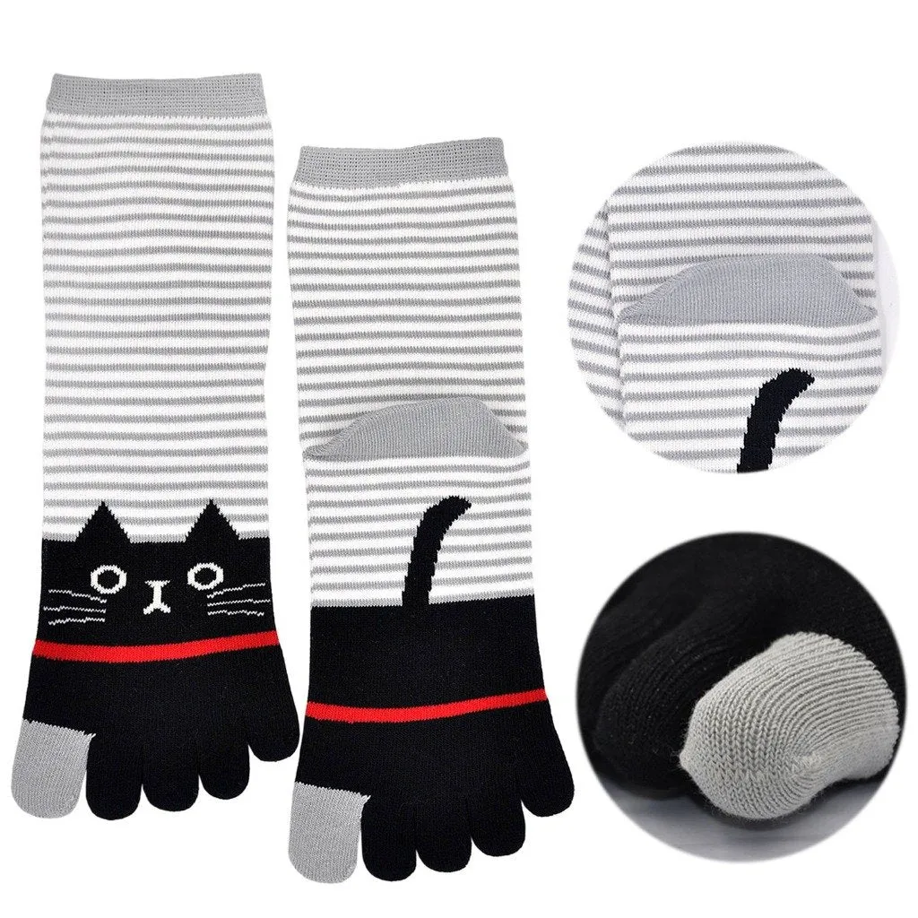 ZFSOCK 5 Finger Cute Stripes Cat Design Crew Socks for Women, 5 Pairs