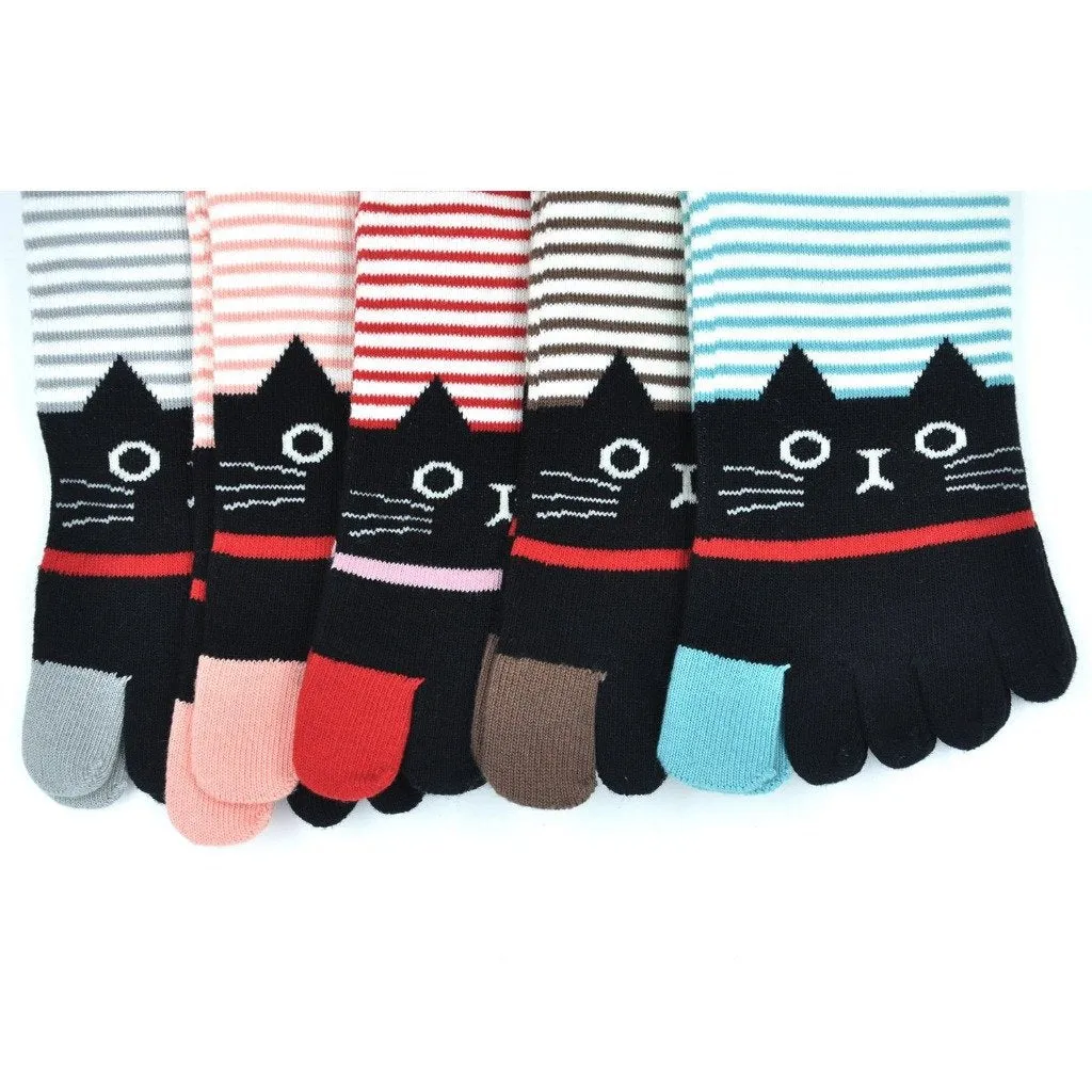 ZFSOCK 5 Finger Cute Stripes Cat Design Crew Socks for Women, 5 Pairs