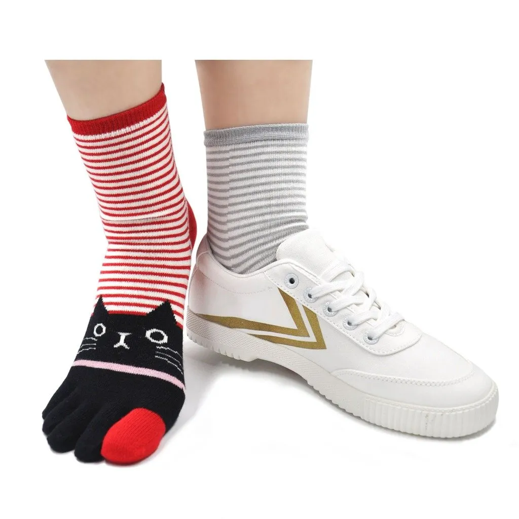 ZFSOCK 5 Finger Cute Stripes Cat Design Crew Socks for Women, 5 Pairs